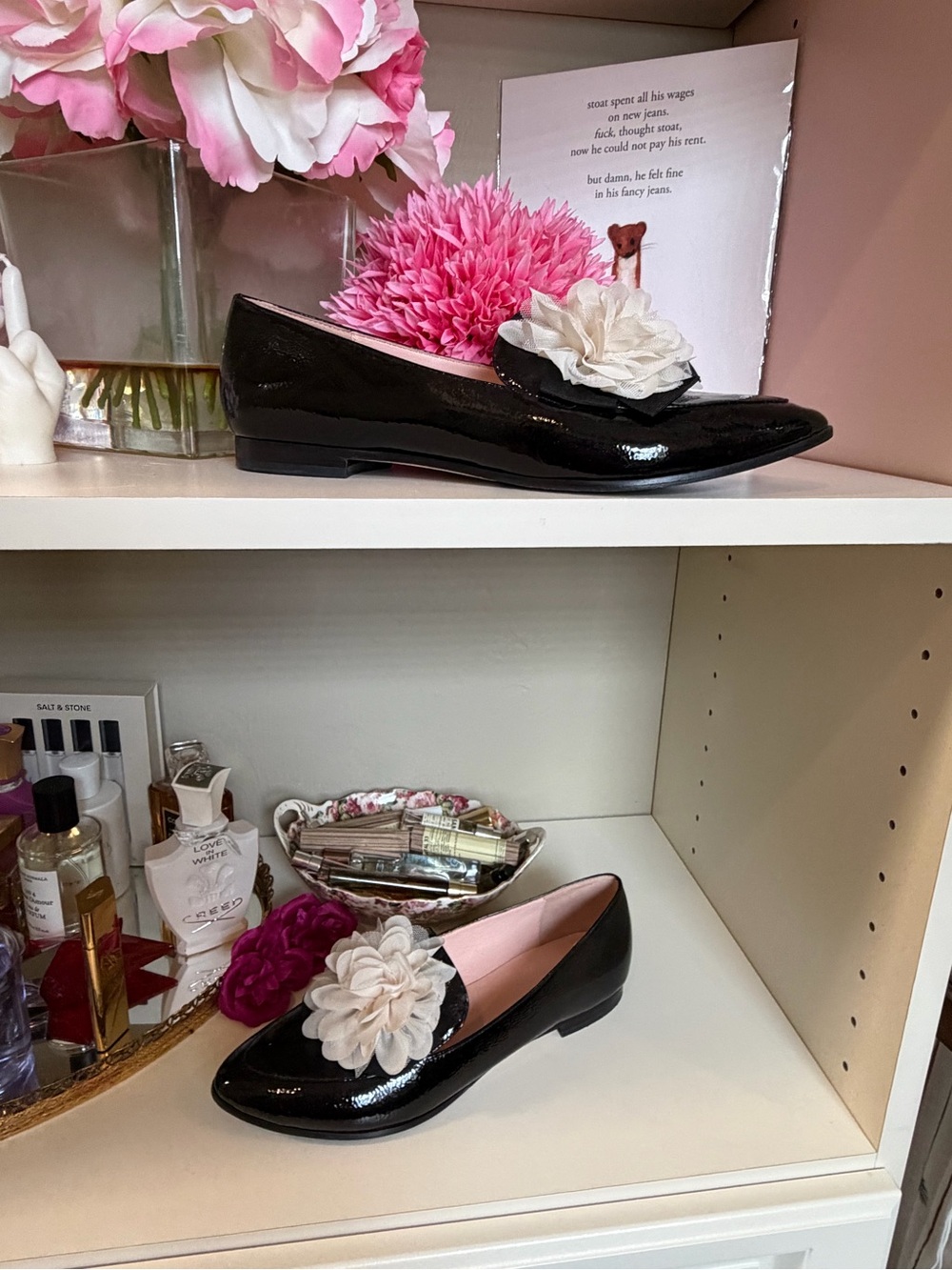 kate spade Black Patent Loafers with Cream Fabric Flowers - Picture 3 of 4